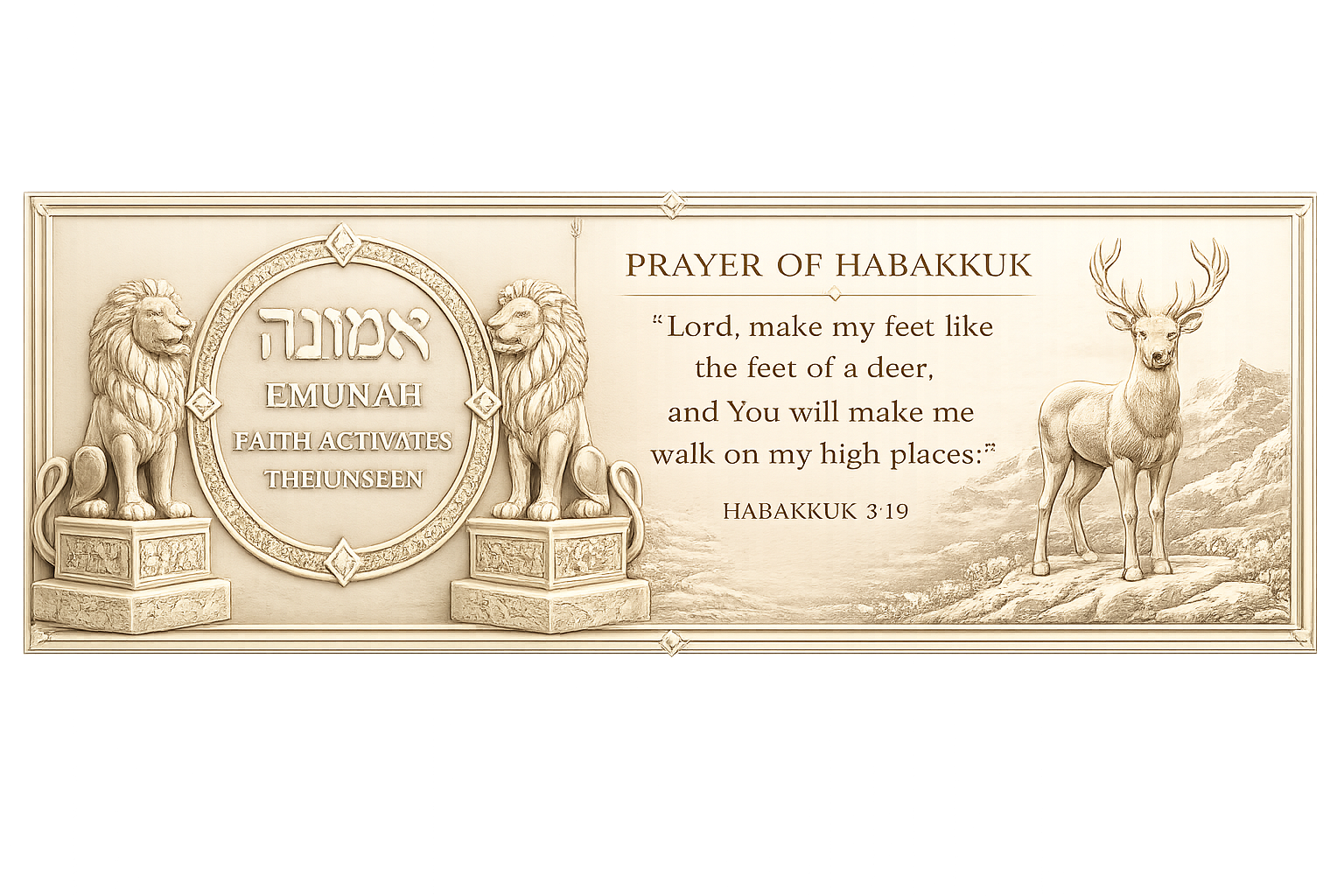 Carved ivory plaque with two lions flanking the Hebrew word Emunah and the Prayer of Habakkuk 3:19