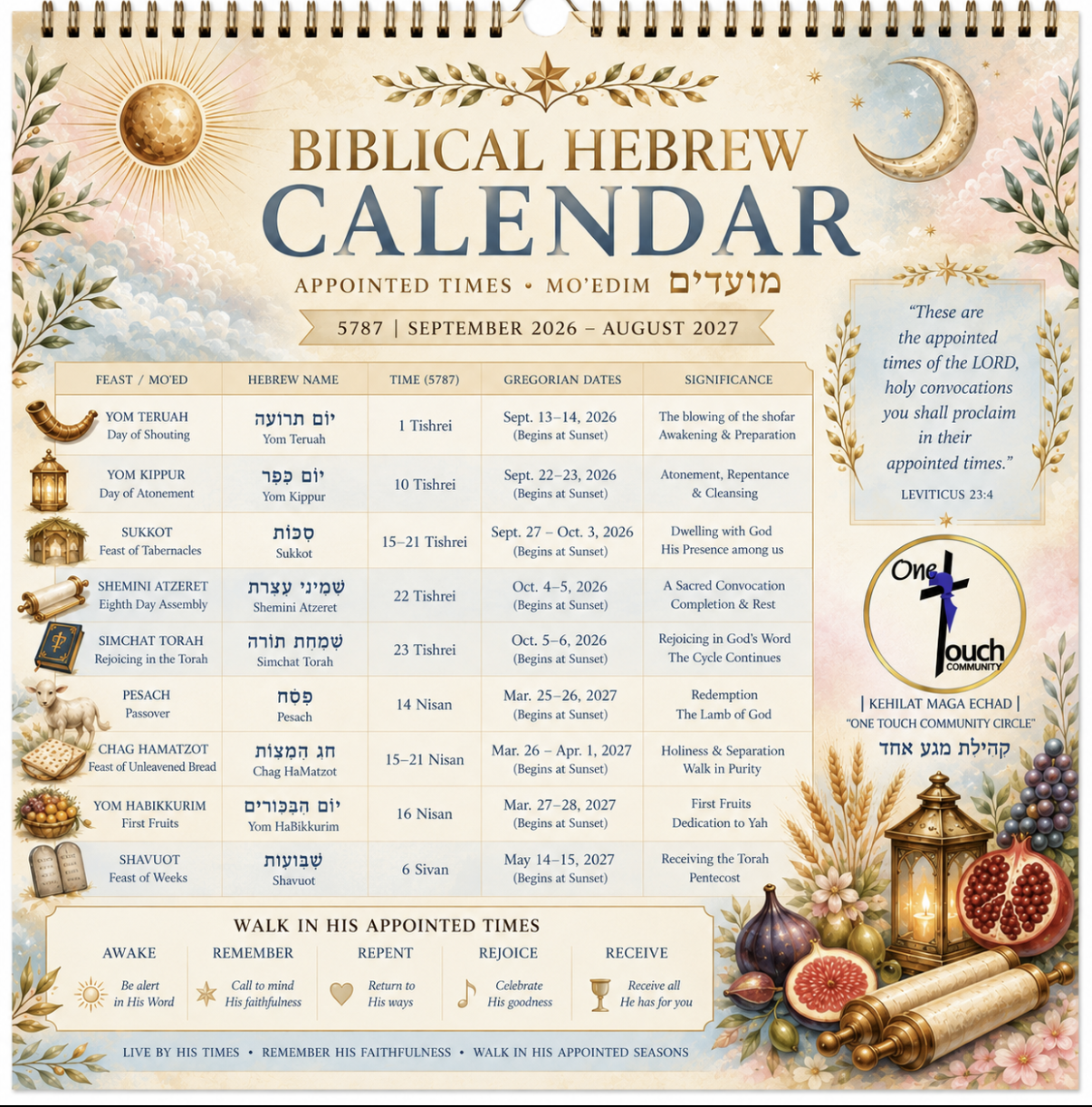 Biblical Hebrew Calendar of appointed times and feasts for 5787, September 2026 through August 2027