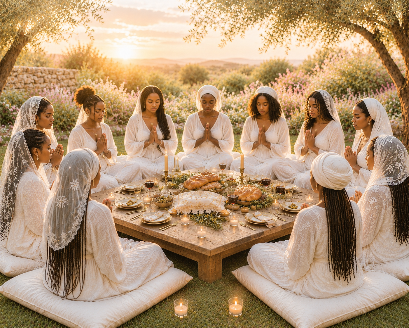 Women gathered at sunset retreat